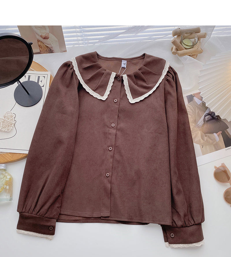 Korean version of exotic age reducing lace doll neck long sleeve versatile top  6353