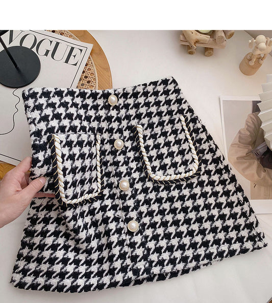 Pearl button small fragrance wind high waist thousand bird grid A-shaped skirt  5371