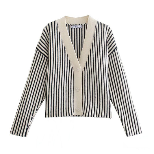 New Vintage V-neck black and white vertical stripe knitted cardigan coat  7487