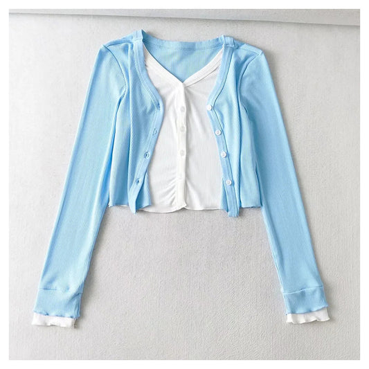 V-neck stretch slim short knit cardigan  7387