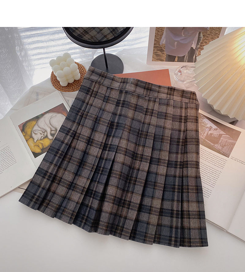 Retro age reducing versatile student A-shaped high waist plaid skirt  5473
