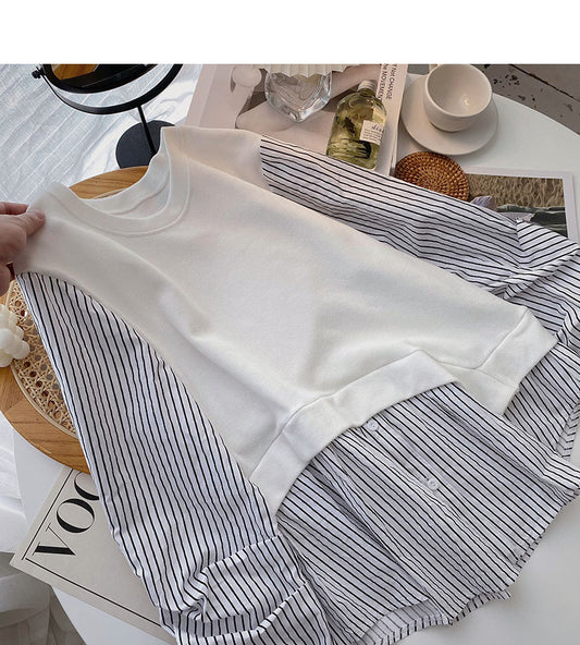 Design sense stripe stitching fake two shirts  6281