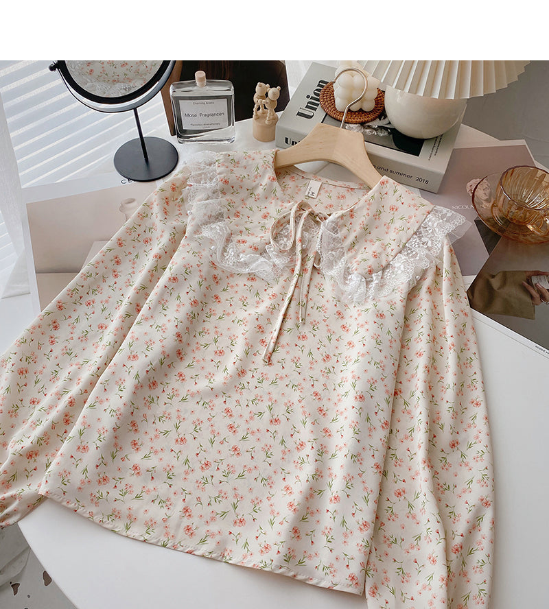 Lace lace up baby collar Floral Shirt  6371