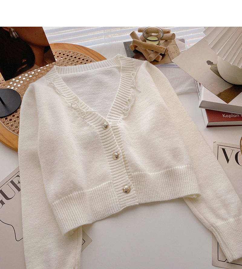 Vintage French short knit cardigan design long sleeve top  6668