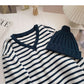 Vintage V-neck striped long sleeve top with knitted cold hat  6029