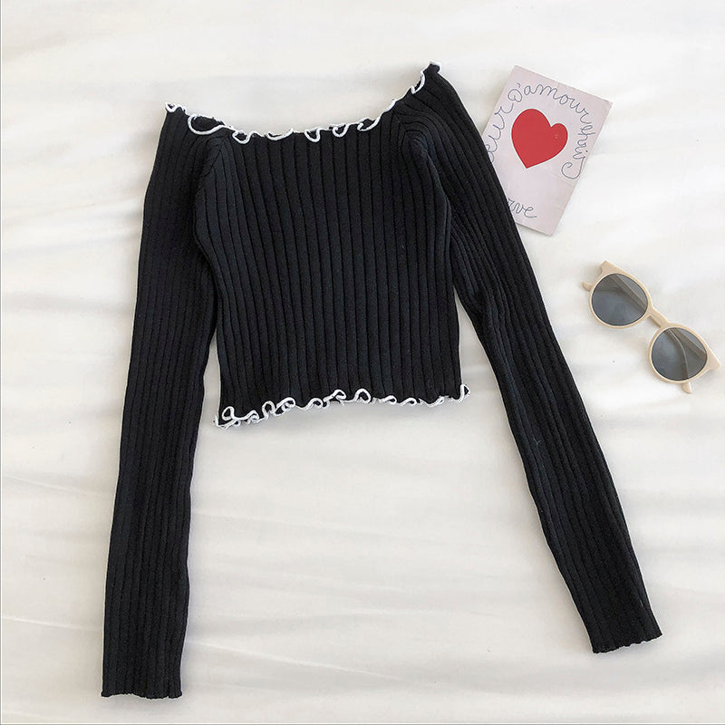 Small sexy leaky lock bone wood ear off shoulder sweater  6440