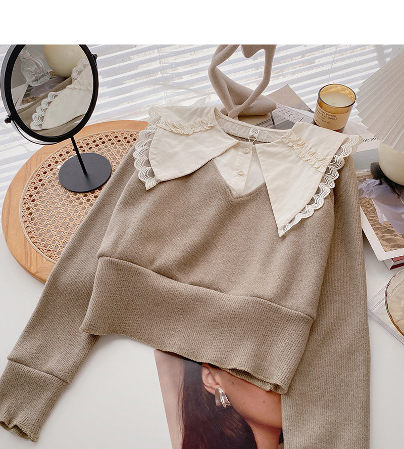 Design sense baby collar stitched sweater short retro top  6696