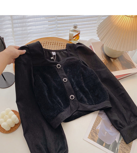 Haut court à simple boutonnage et col carré vintage français 6332