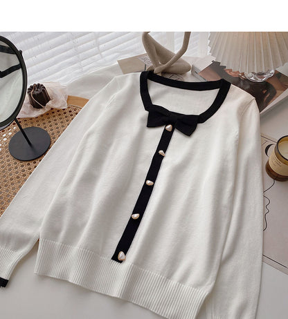 Knitwear Vintage bow color matching long sleeve top  6588