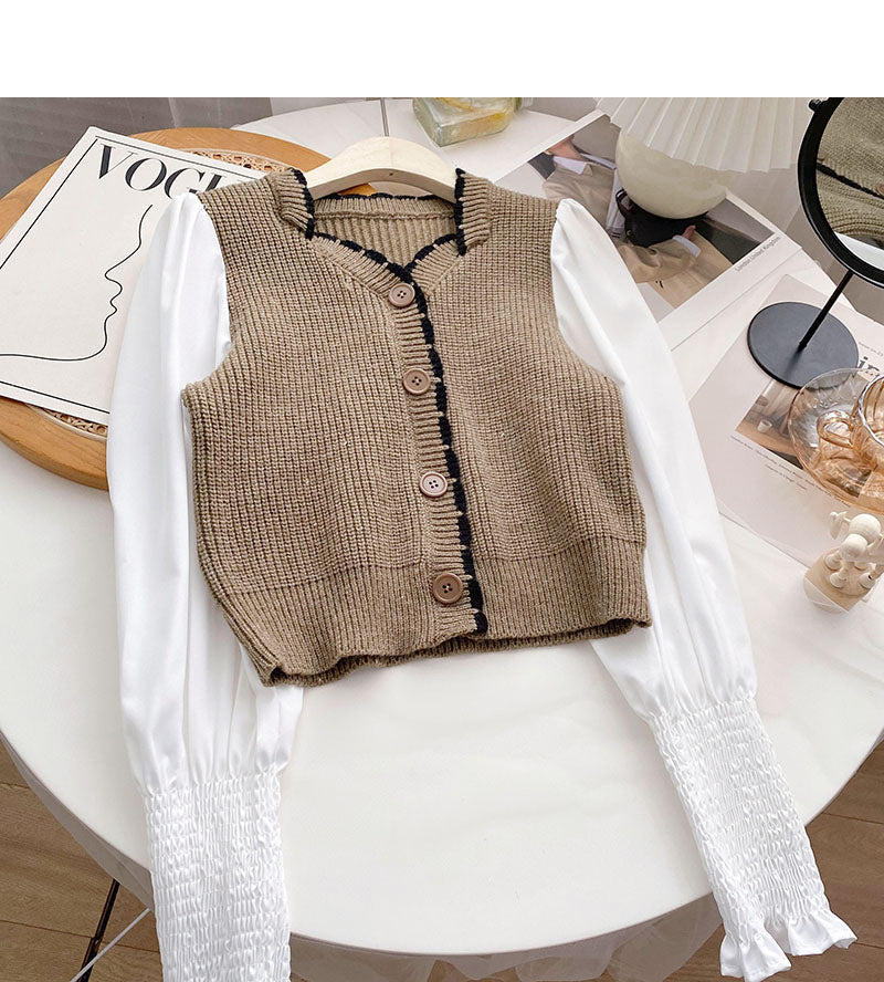 French small square neck stitched long sleeve fake two-piece blouse  6592