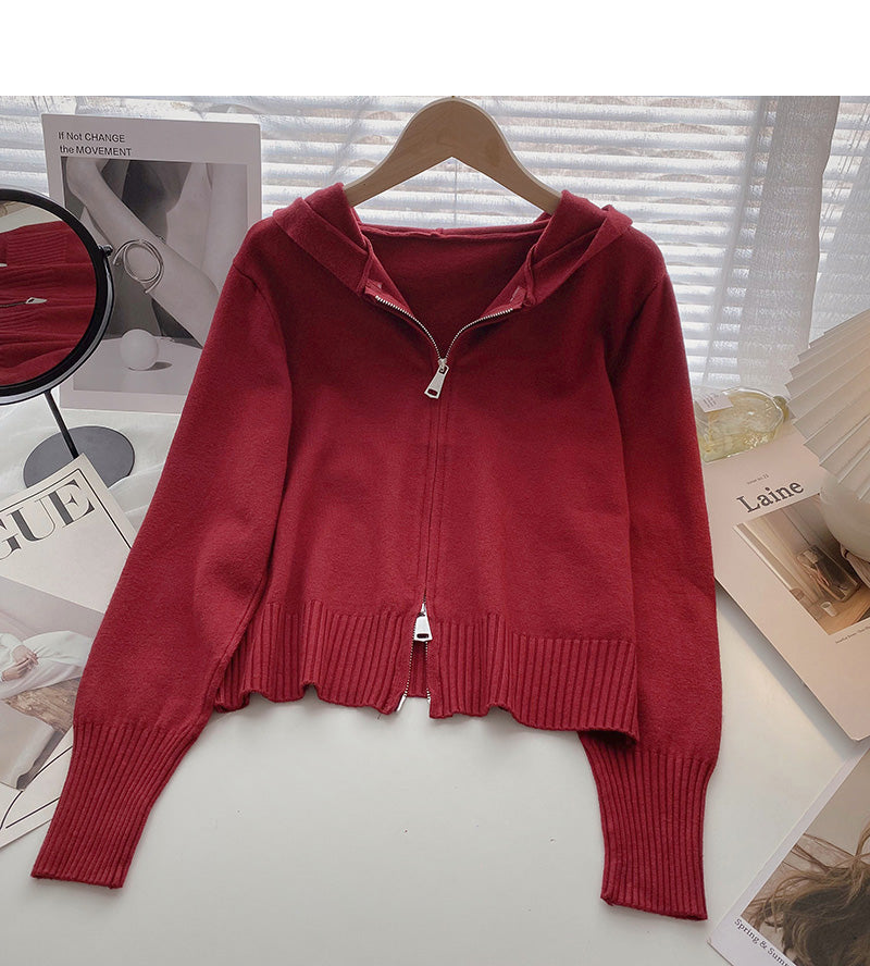 Cardigan knitted coat Long Sleeve hooded top  6547