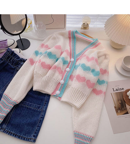 Little fresh girl color contrast love short long sleeve Knitted Top  5855
