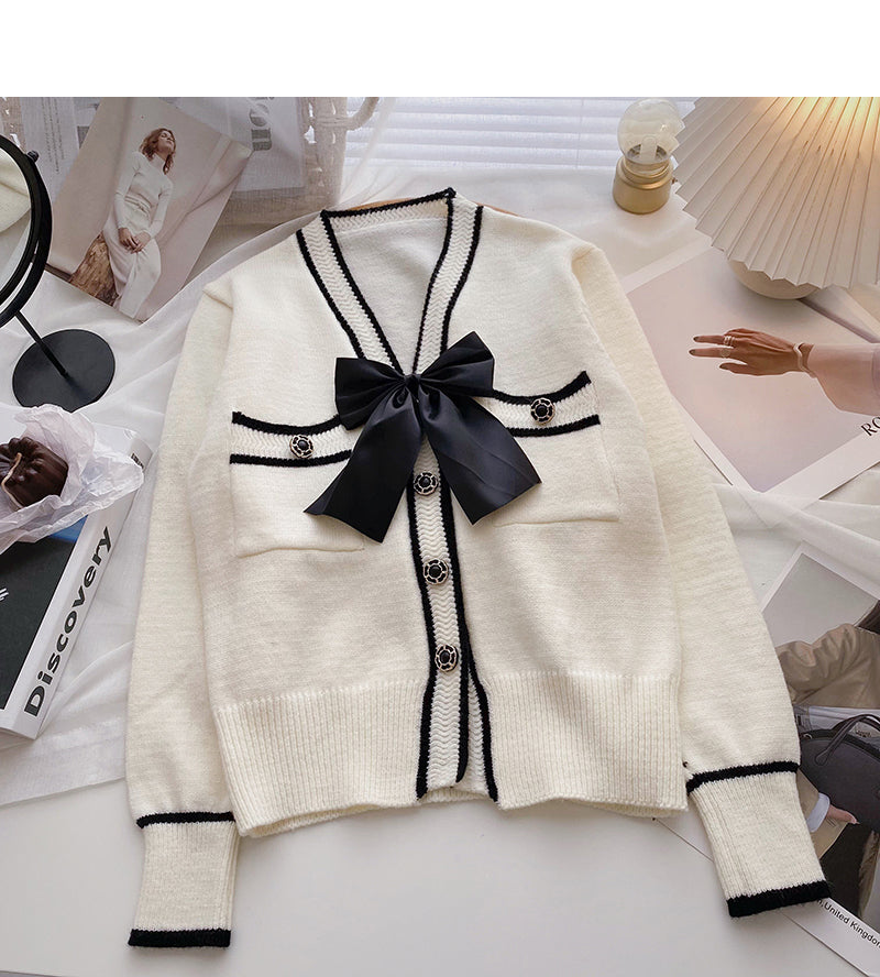 Bow V-neck Vintage sweater cardigan long sleeve top  6199