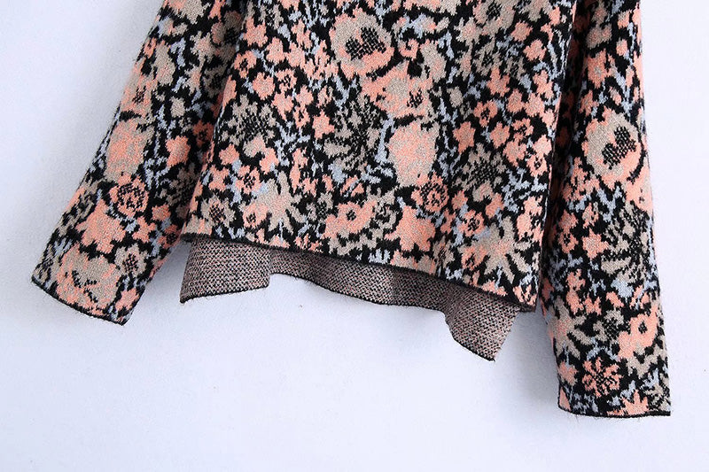 Vintage stand collar long sleeve flower jacquard sweater  7504