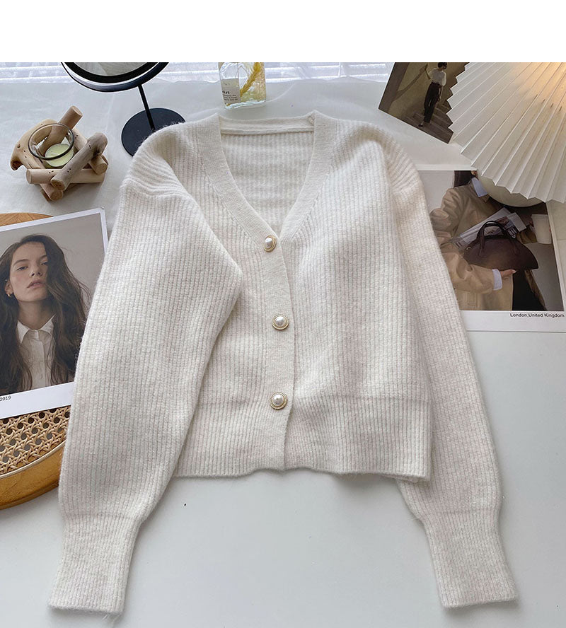Solid V-Neck long sleeve bright silk sweater coat  6041