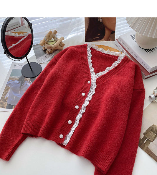 Haut court ample à manches longues et col en V en dentelle coréenne 6122