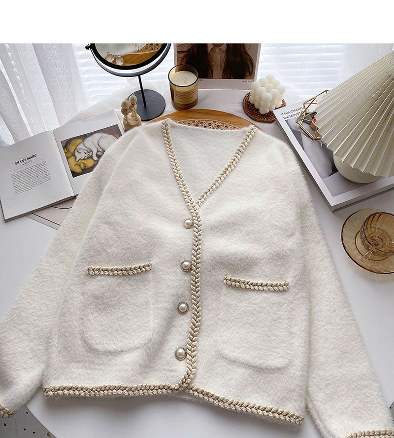 Small fragrance sweater design sense twist V-Neck long sleeve coat  6112