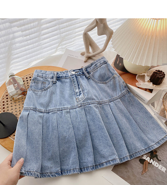 Denim high waist A-line pleated skirt shows thin skirt  5623