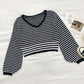Small fresh stripe knitted sweater Lantern Sleeve short top  6543