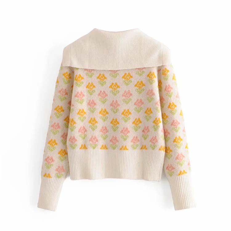 Retro autumn girl sweet temperament two-color flower short sweater sweater  7163