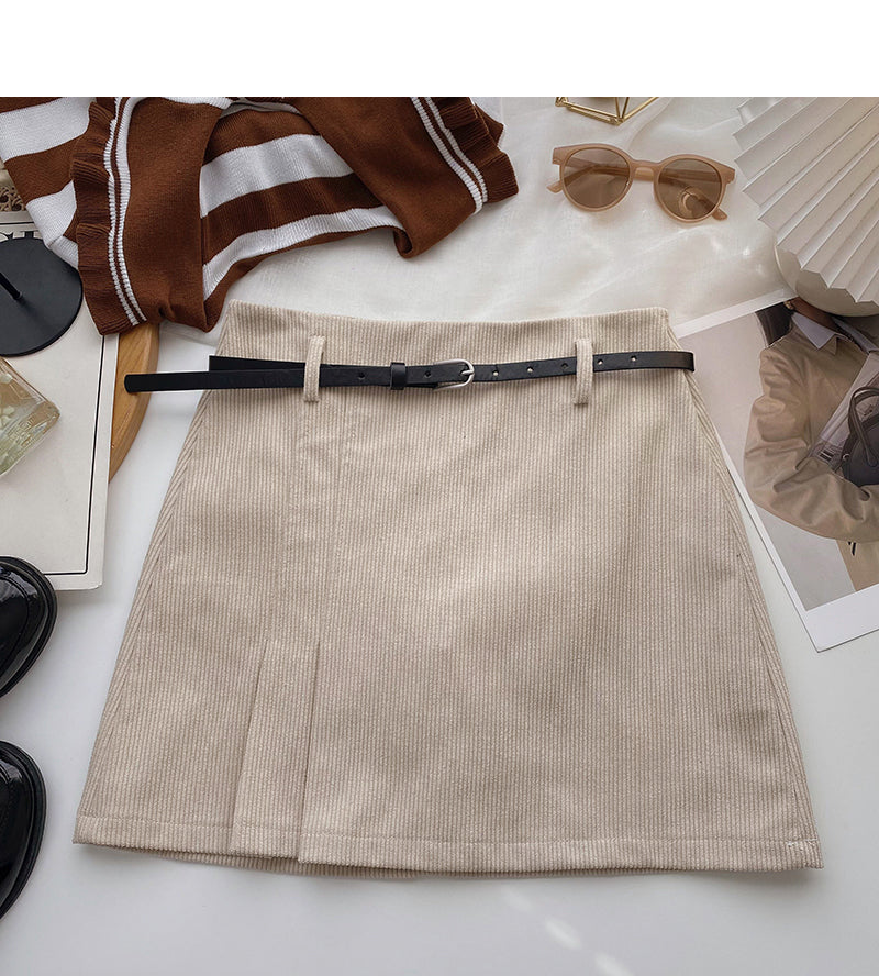 Niche solid color pleated high waist A-line skirt with belt  5579