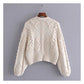 French retro twist knitted cardigan V-neck Lantern Sleeve Sweater  7173