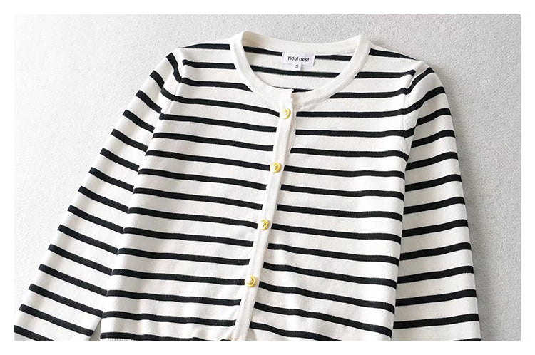 Xiaoxiangfeng knitted cardigan black and white striped gold button top  7524