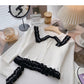 Lace doll neck strap contrast knit college top  6482