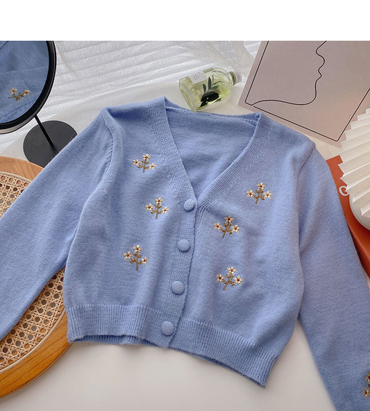 Veste à manches courtes et longues avec broderie florale et col en V 5849