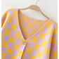 New contrast checkerboard checkered casual knitted cardigan  7240