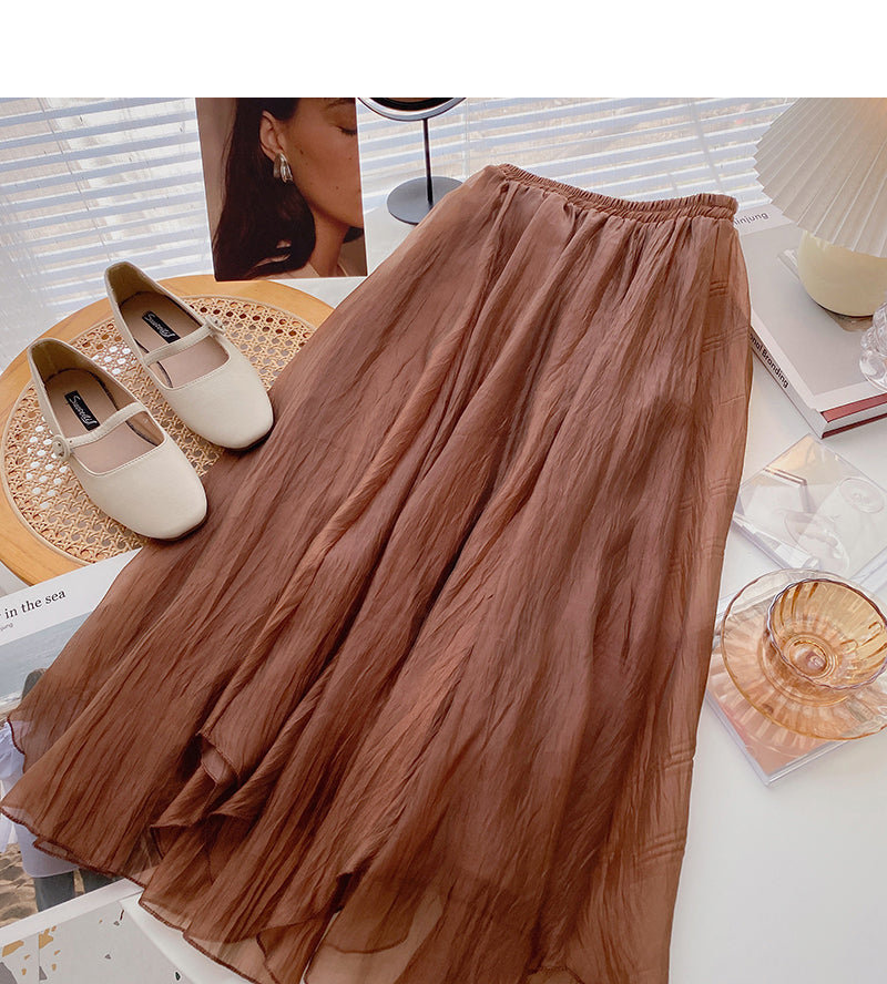 Mesh pleated draped high waist A-shaped medium length skirt  5789
