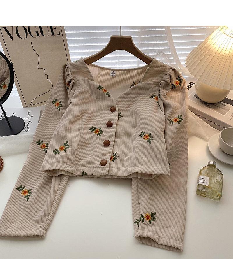 Vintage small V-Neck long sleeve corduroy blouse  6309