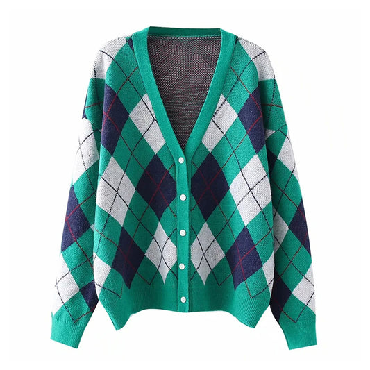 V-neck diamond check button long sleeve loose knit cardigan coat  7362