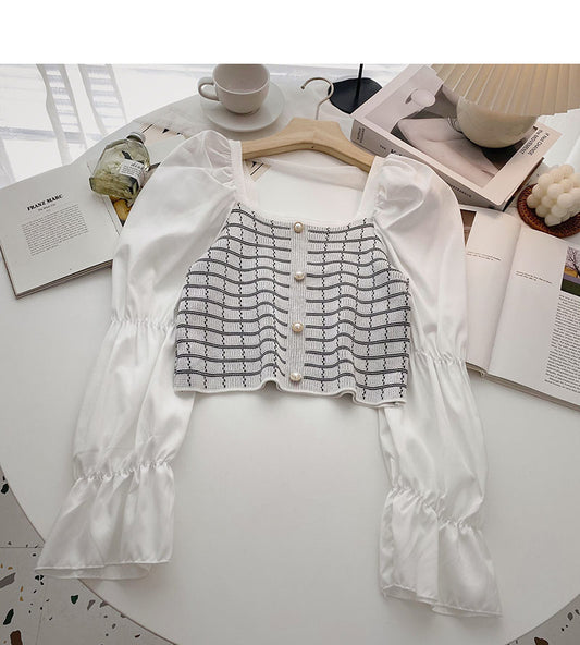 Haut à carreaux à manches bouffantes et col carré 6322