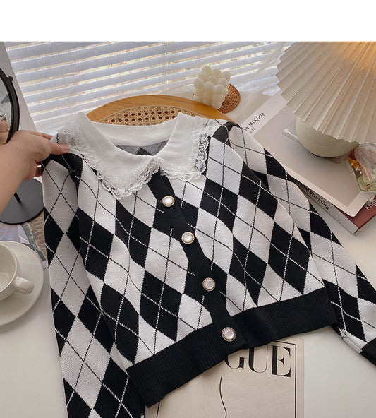 Lace doll neck slim Vintage plaid sweater  6466