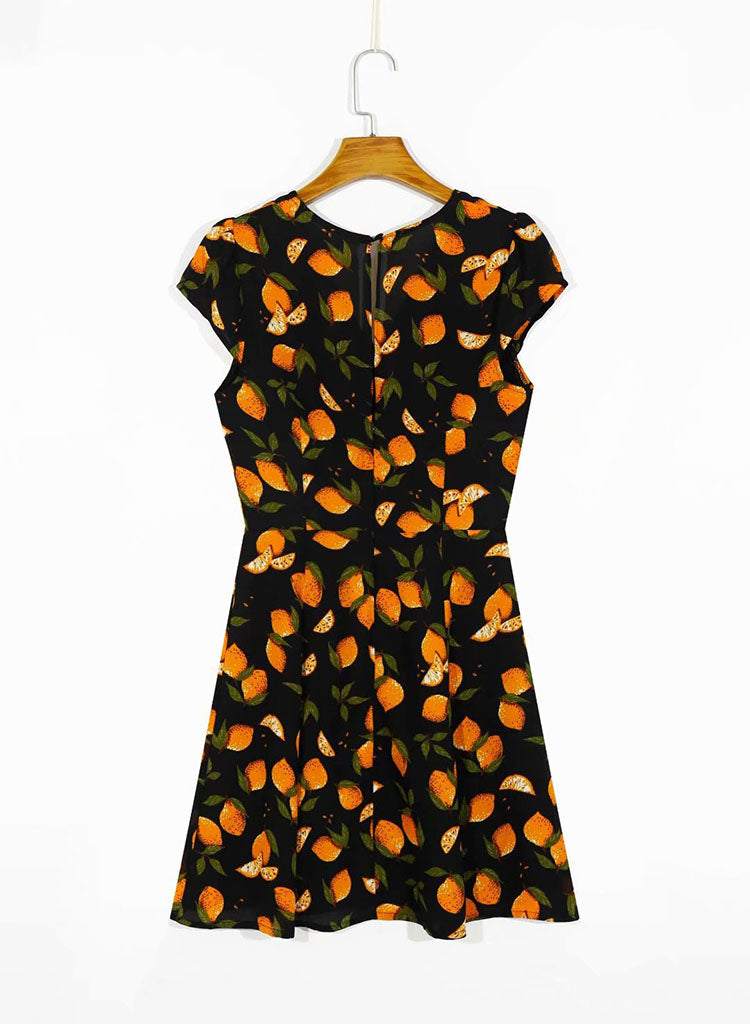 Versatile short sleeve Vintage V-neck fruit print casual dress  7060