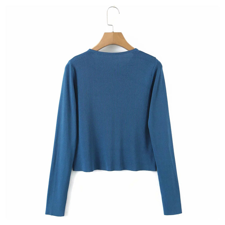 Crew neck solid color slim knit long sleeved cardigan top  7248