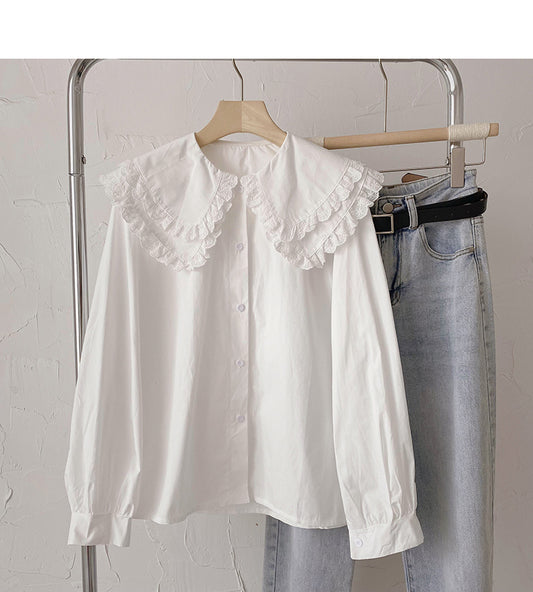 Lace Baby collar shirt Korean version thin and foreign style single breasted top  6435