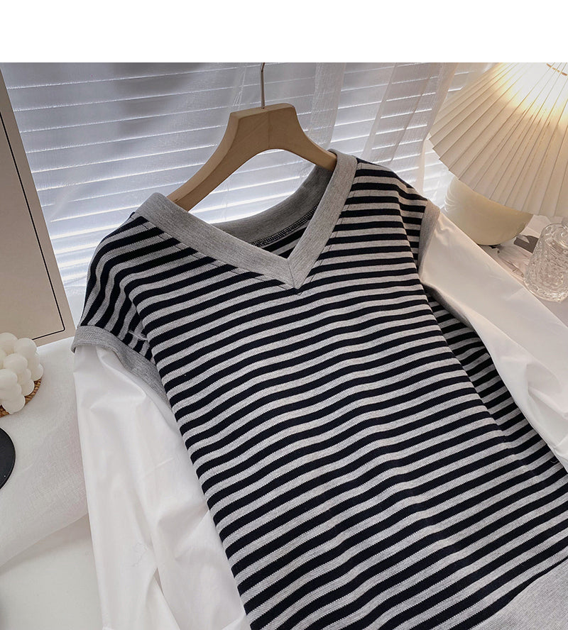 Contrast stripe V-Neck long sleeve shirt  6315