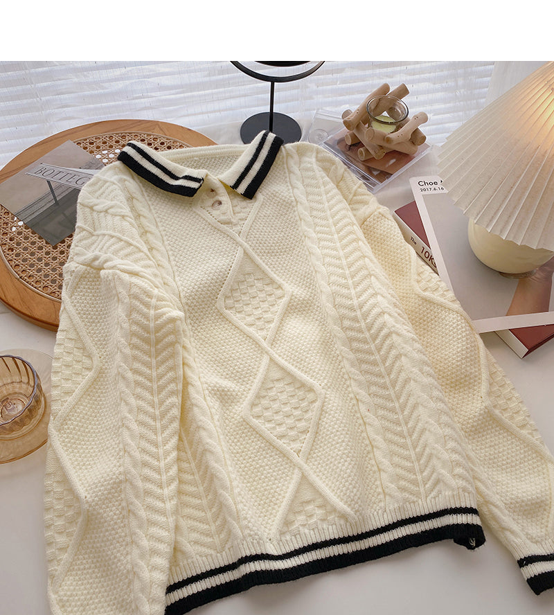 Lapel contrast long sleeve twist sweater  6148