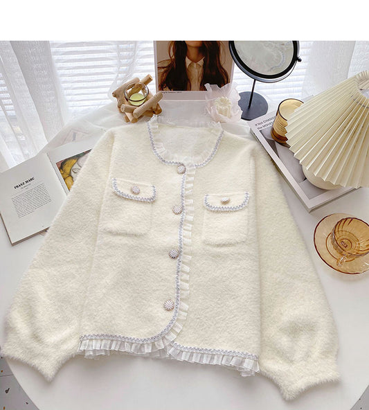 Rundhals-Oberteil mit langen Ärmeln und Spitzenkanten im französischen Stil 6049