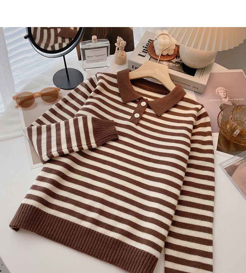 Long Sleeve Striped Sweater Lapel top  6458