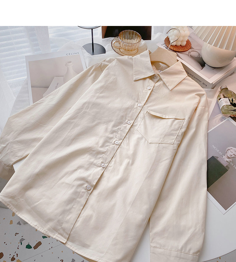 Solid long sleeve shirt versatile simple Lapel cardigan top  6417