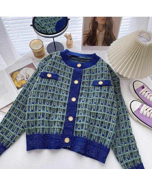 Plaid color matching Vintage sweater long sleeve coat  6057