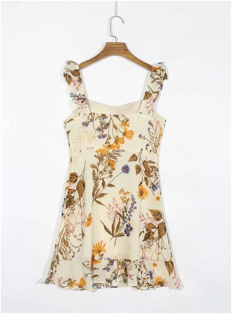 French Vintage printed Ruffle suspender dress  7134