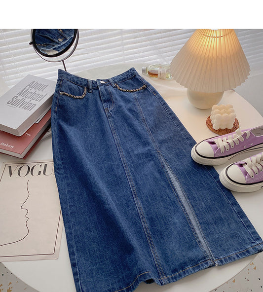 Small retro chain decorative high waist split A-line skirt  5722