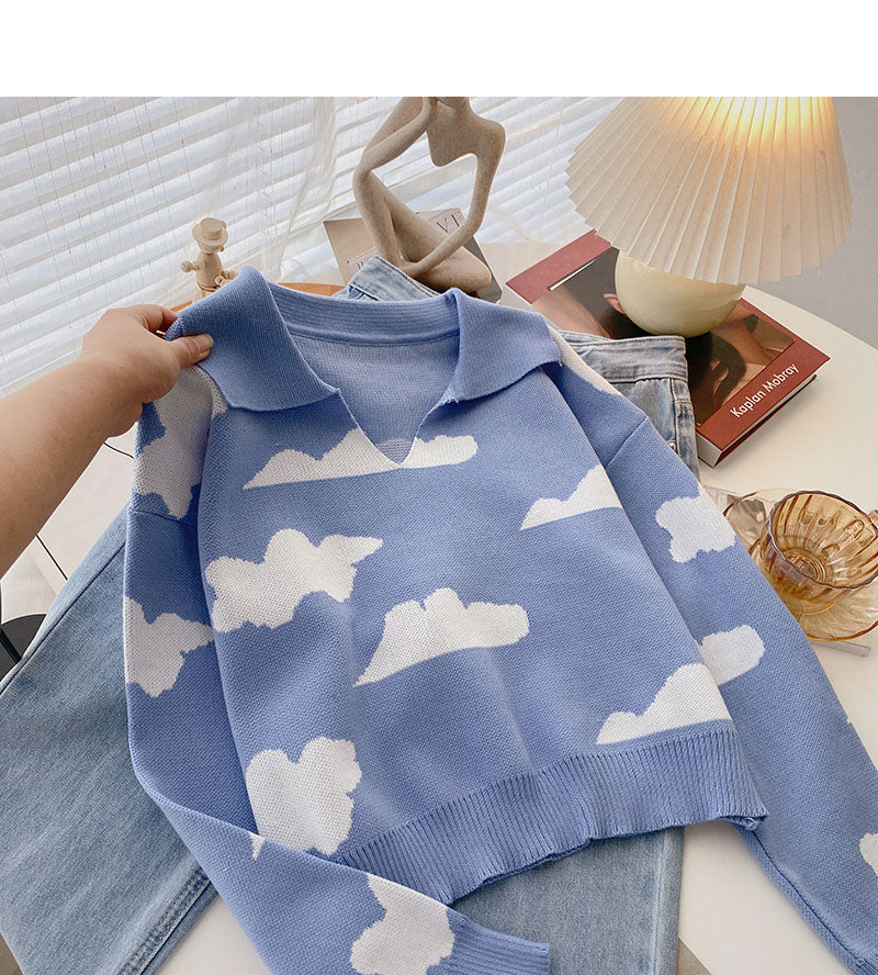 Small man simple foreign style contrast color cloud Pullover Top  6598