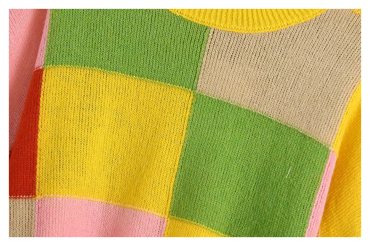 New sweet loose jacquard Plaid color matching sweater  7468