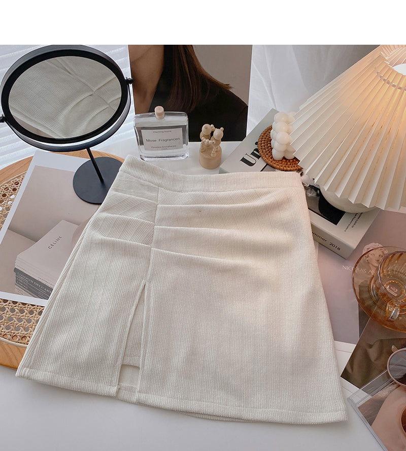 New Korean simple retro solid color pleated hip A-line skirt  5621