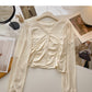 Single breasted lace design V-neck shirt  6359
